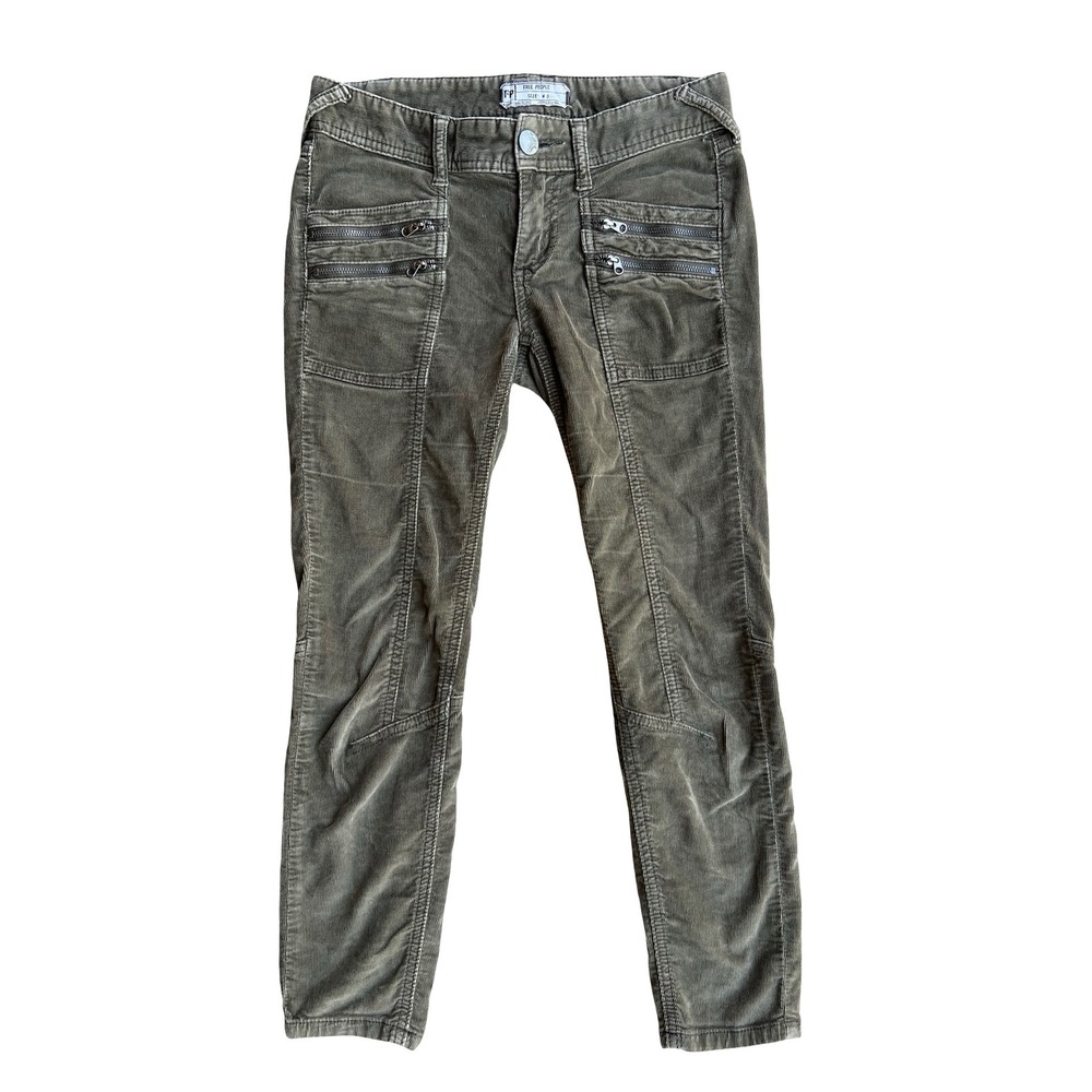 Free People Y2K VTG Olive Green Low-Rise Corduroy Moto Boho Utility Pants Sz 0